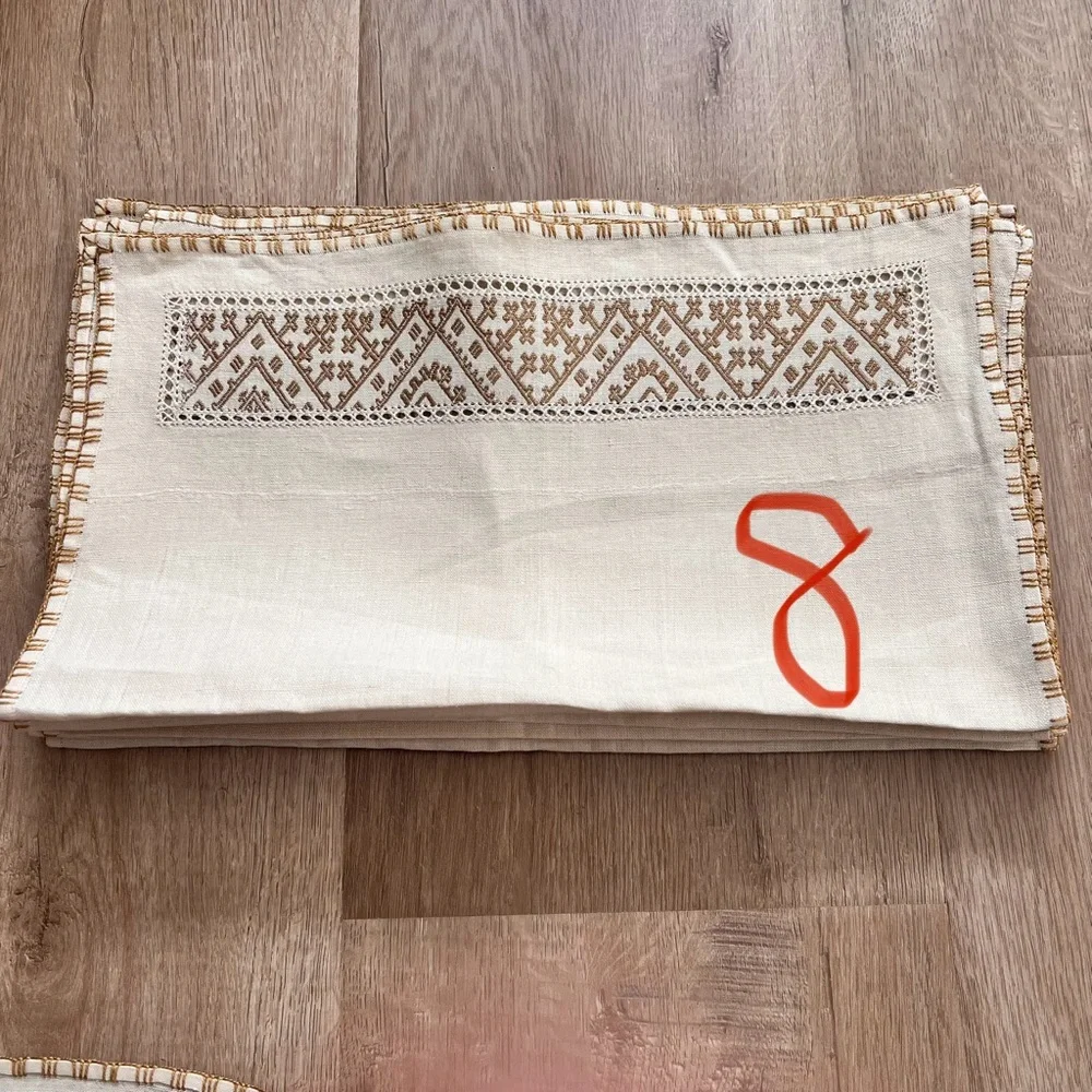 Vintage 16 PCs Beige Linen Lace Brown Embroidered Placemat‎ & Napkins Beautiful